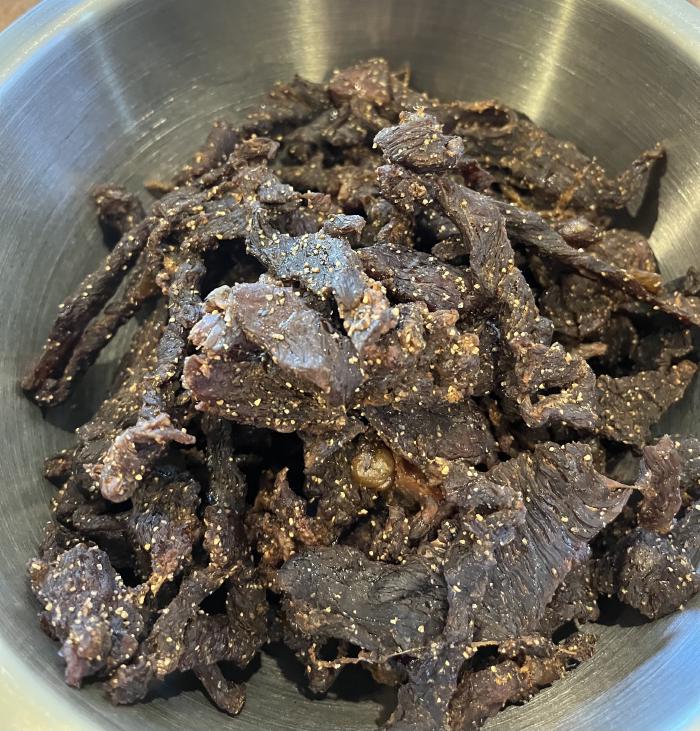 Jerky trial 1 with sizzle steak. Dehydrated for about 5 hours. Not too bad. Not quite chewy enough, though